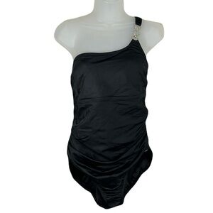 Lands End One Piece Swimsuit Size 16P Asymmetric Soft Cups Shirred Black‎ Beachy